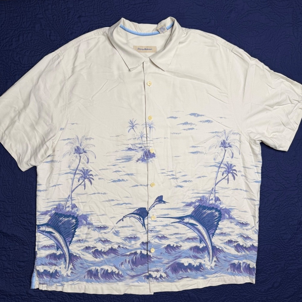 Tommy Bahama Mens 2XB Silk Cotton Sailfish Tropical Camp Shirt Cream Blue Read
